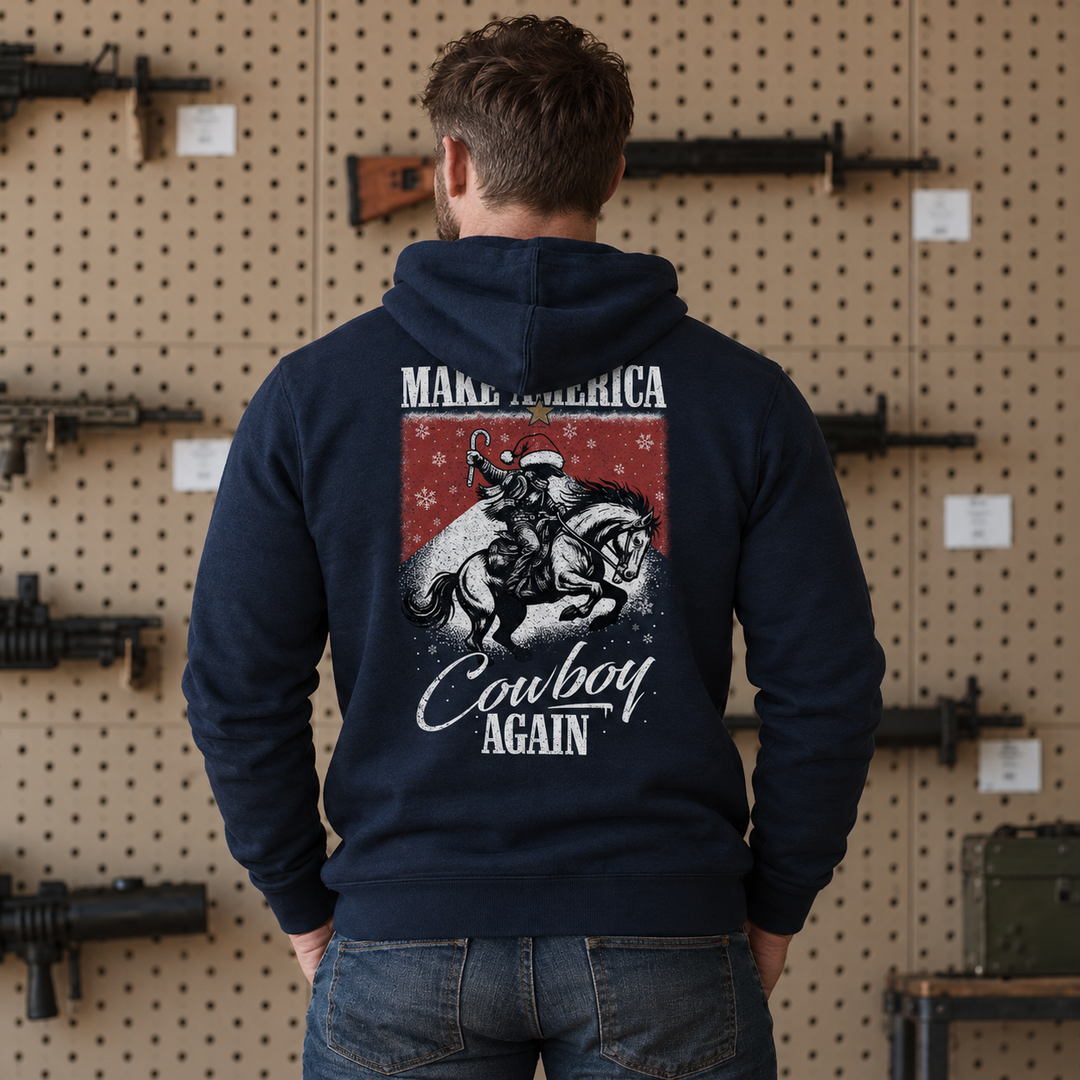 Make America Cowboy Again – Christmas Edition Hoodie Navy back design lifestyle creative