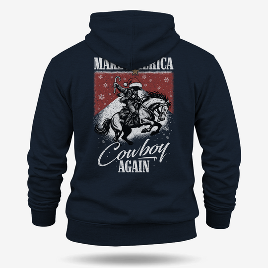 Make America Cowboy Again – Christmas Edition Hoodie Navy main printed design mockup
