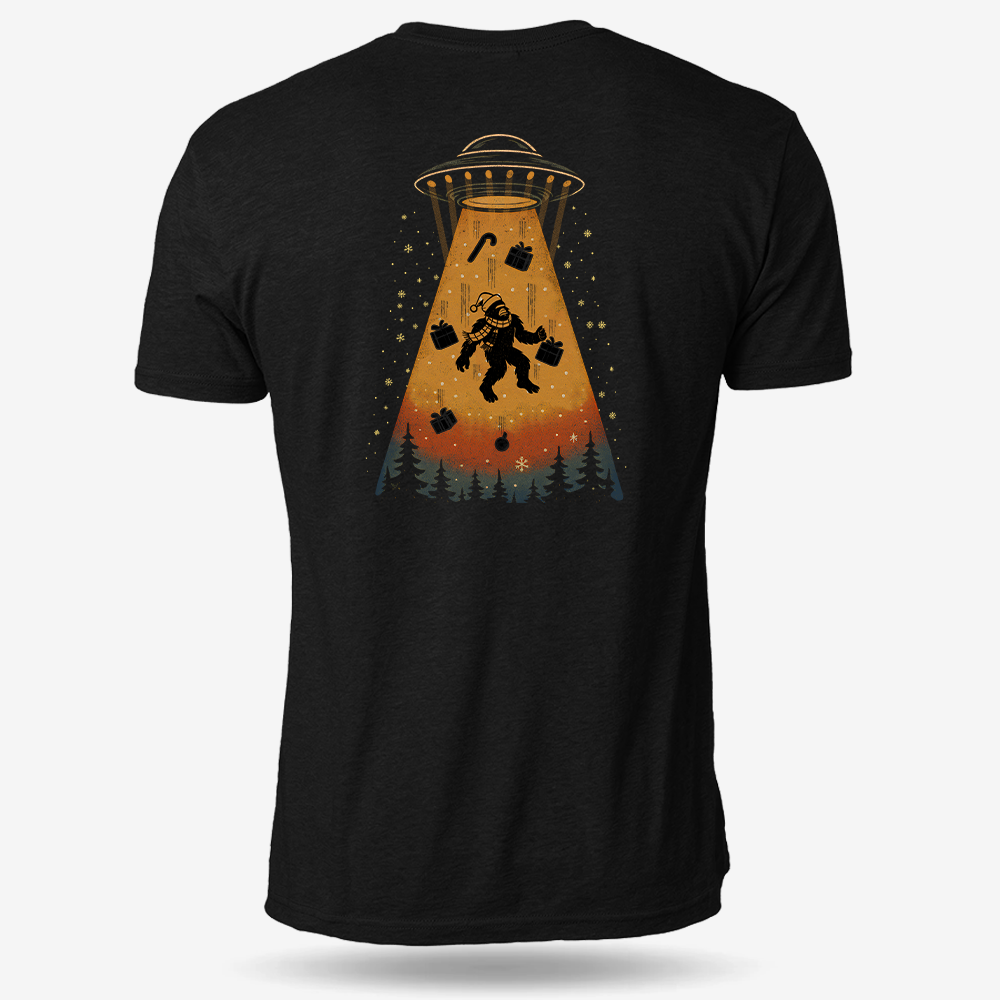 Merry Squatchmas Abduction T-shirt Black front and back mockup