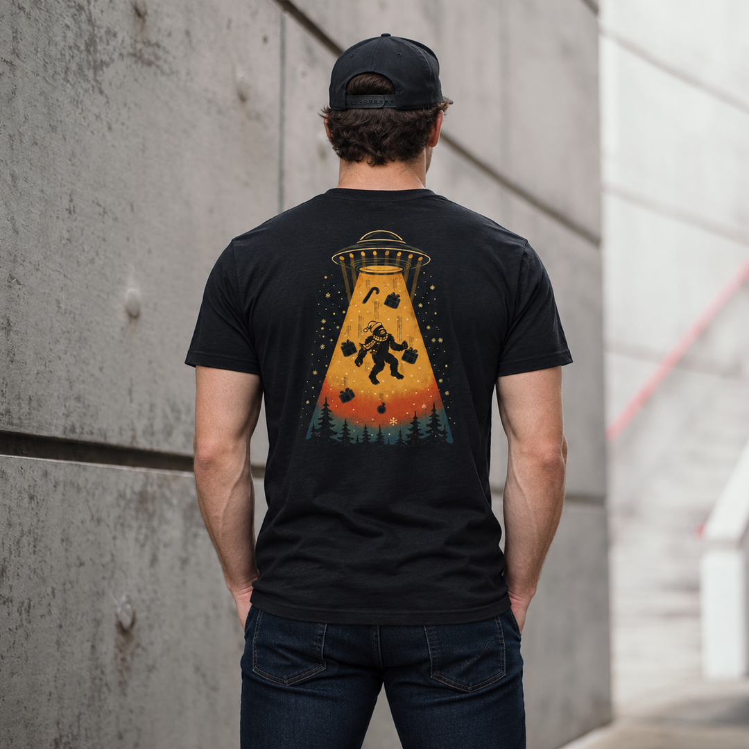 Merry Squatchmas Abduction T-shirt Black back design lifestyle creative