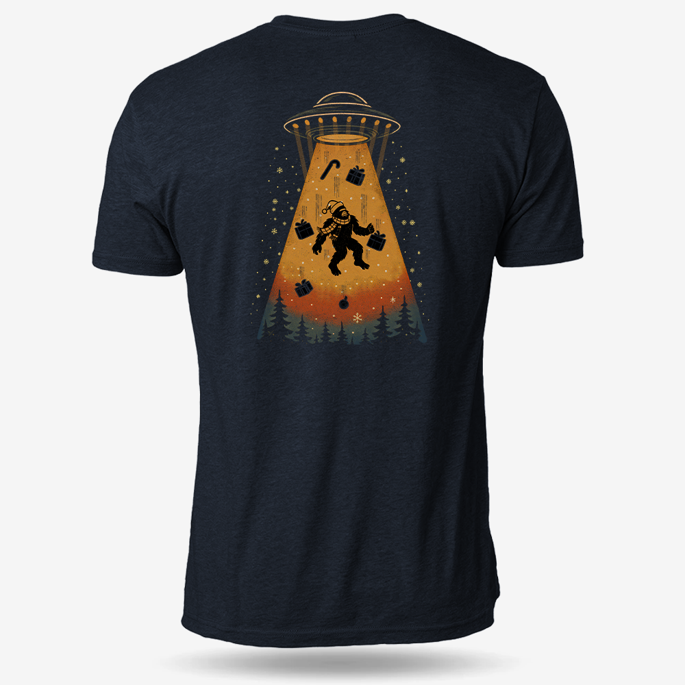 Merry Squatchmas Abduction T-shirt Heather Navy main printed design mockup