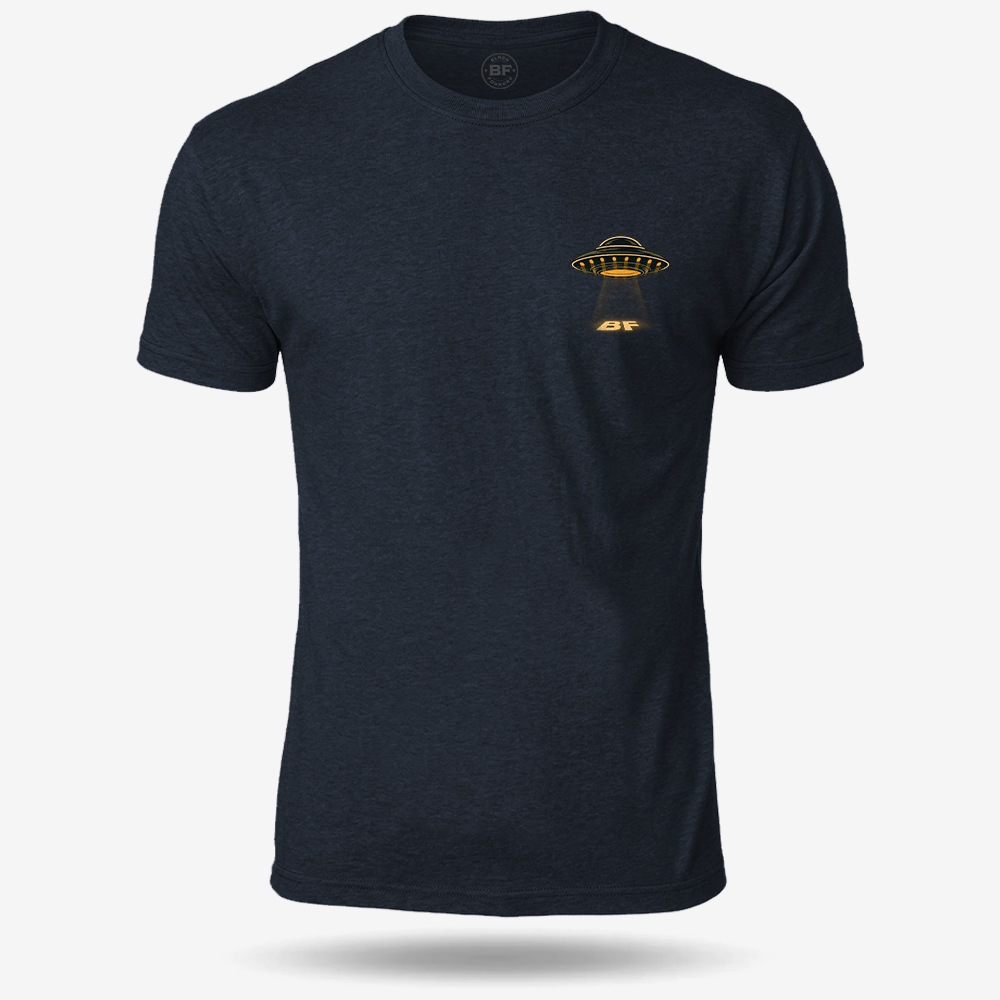 Merry Squatchmas Abduction T-shirt Heather Navy front mockup