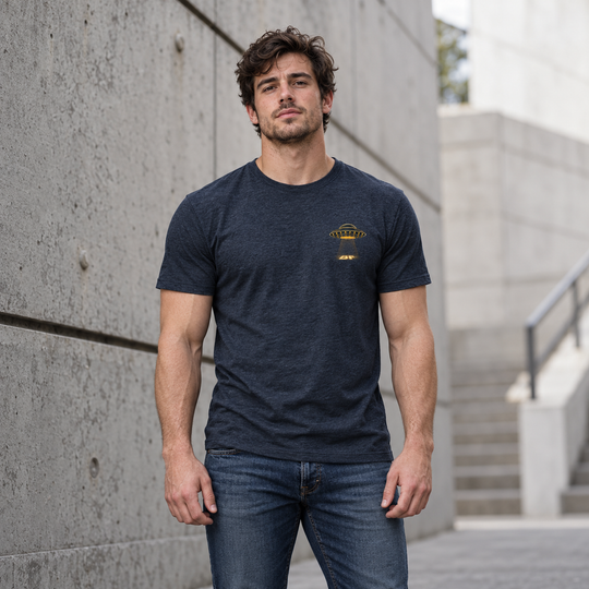 Merry Squatchmas Abduction T-shirt Heather Navy front logo lifestyle creative