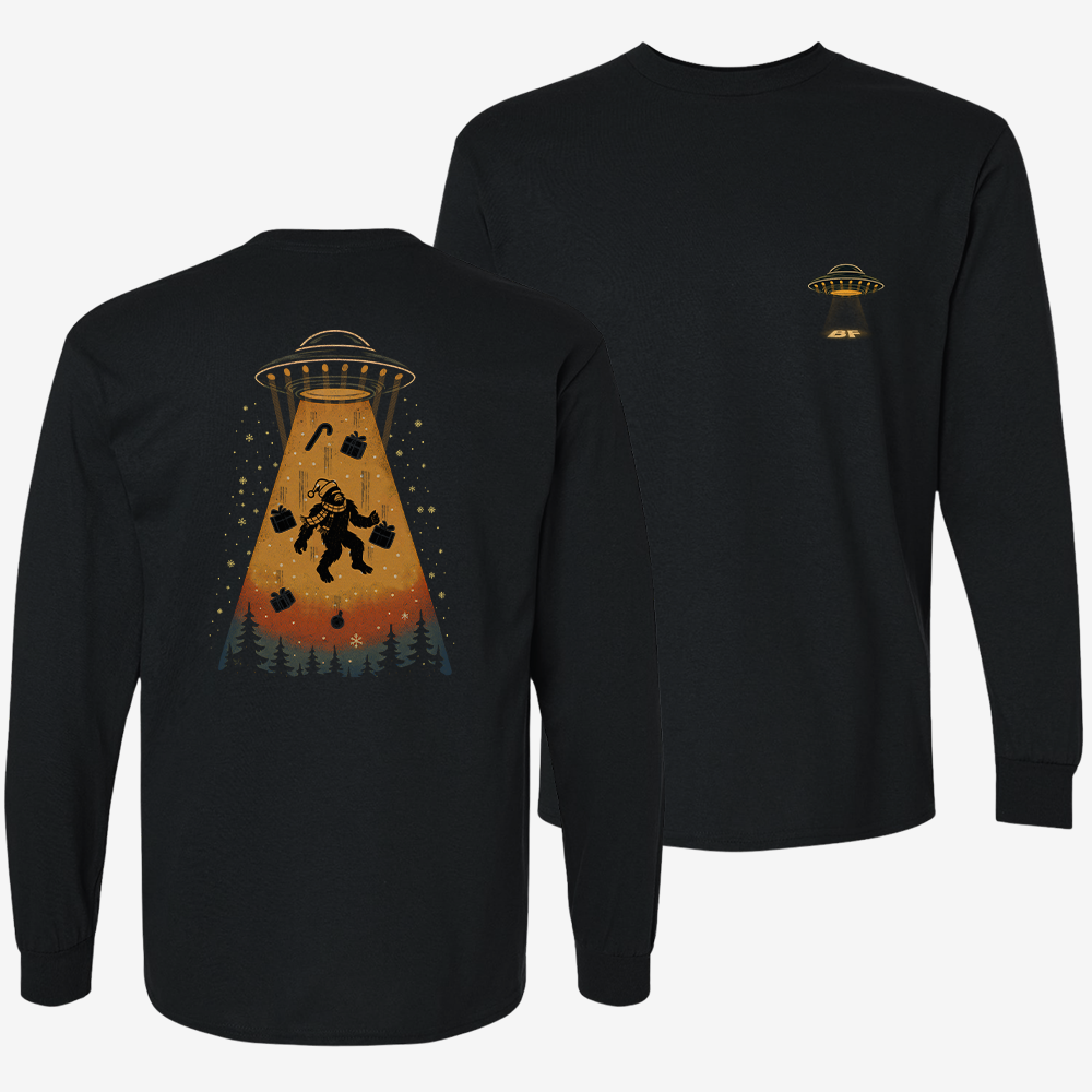 Merry Squatchmas Abduction Long Sleeve Black front and back mockup