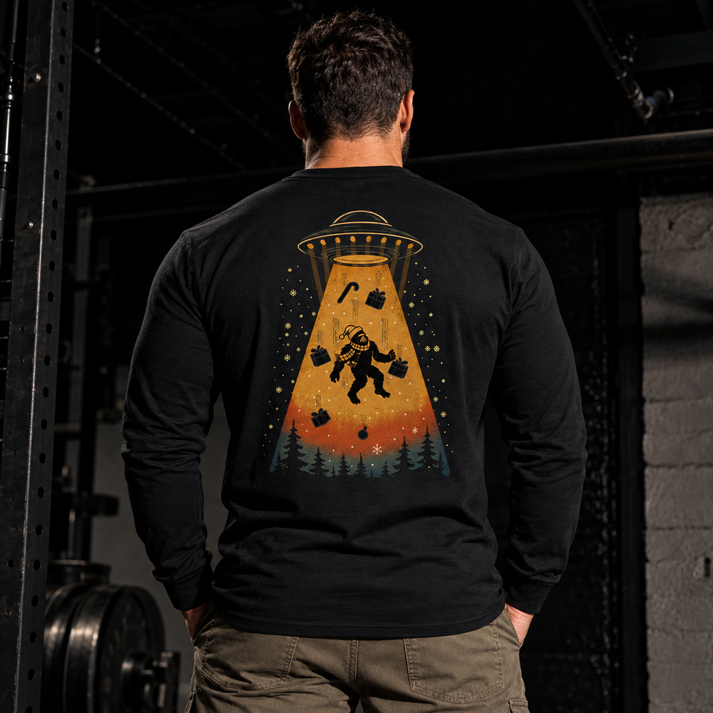Merry Squatchmas Abduction Long Sleeve Black back design lifestyle creative