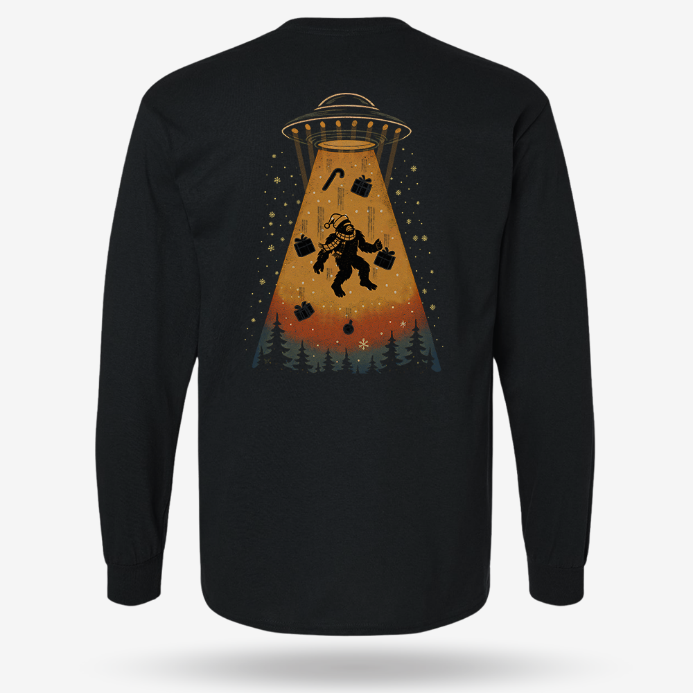 Merry Squatchmas Abduction Long Sleeve Black main printed design mockup