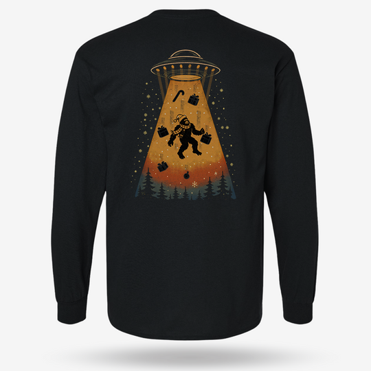Merry Squatchmas Abduction Long Sleeve Black main printed design mockup