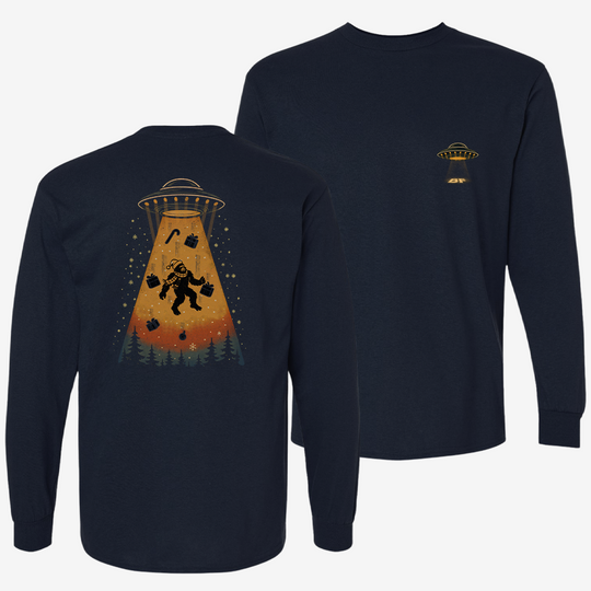 Merry Squatchmas Abduction Long Sleeve Navy front and back mockup