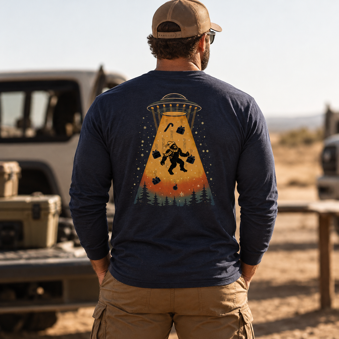 Merry Squatchmas Abduction Long Sleeve Navy back design lifestyle creative