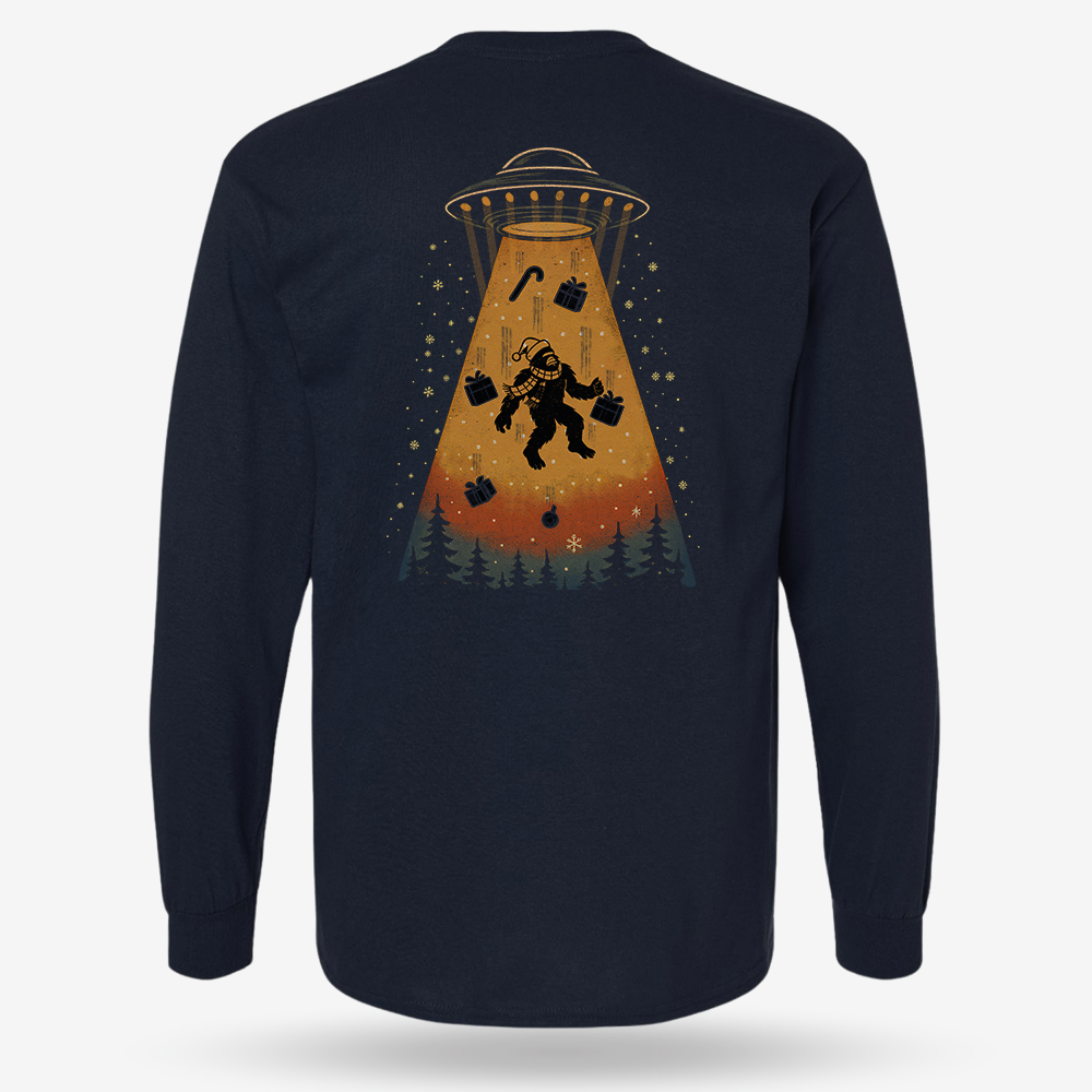 Merry Squatchmas Abduction Long Sleeve Navy main printed design mockup