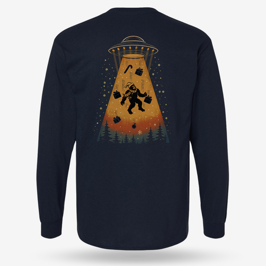 Merry Squatchmas Abduction Long Sleeve Navy main printed design mockup