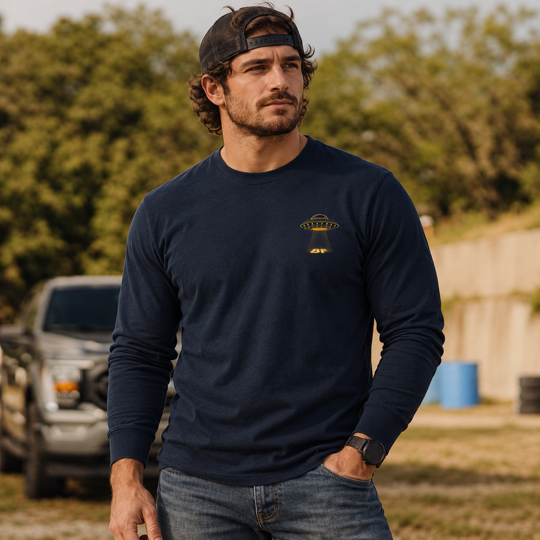 Merry Squatchmas Abduction Long Sleeve Navy front logo lifestyle creative