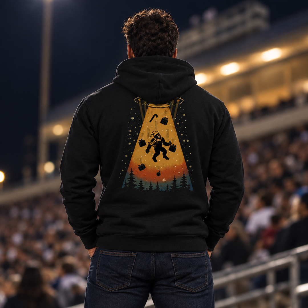Merry Squatchmas Abduction Hoodie Black back design lifestyle creative