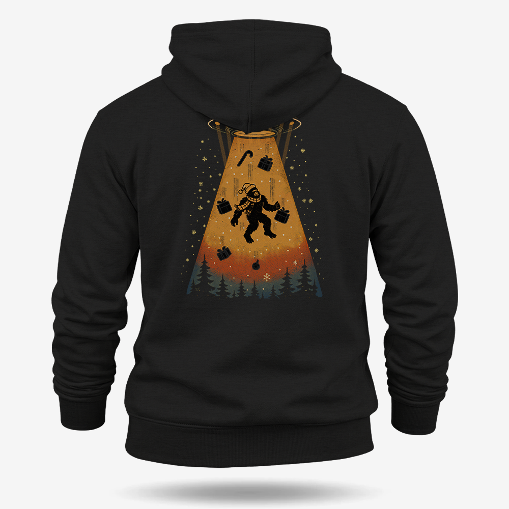 Merry Squatchmas Abduction Hoodie Black main printed design mockup
