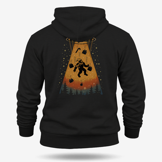 Merry Squatchmas Abduction Hoodie Black main printed design mockup