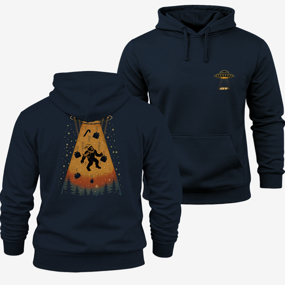 Merry Squatchmas Abduction Hoodie Navy front and back mockup
