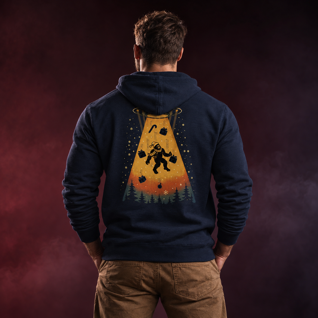 Merry Squatchmas Abduction Hoodie Navy back design lifestyle creative