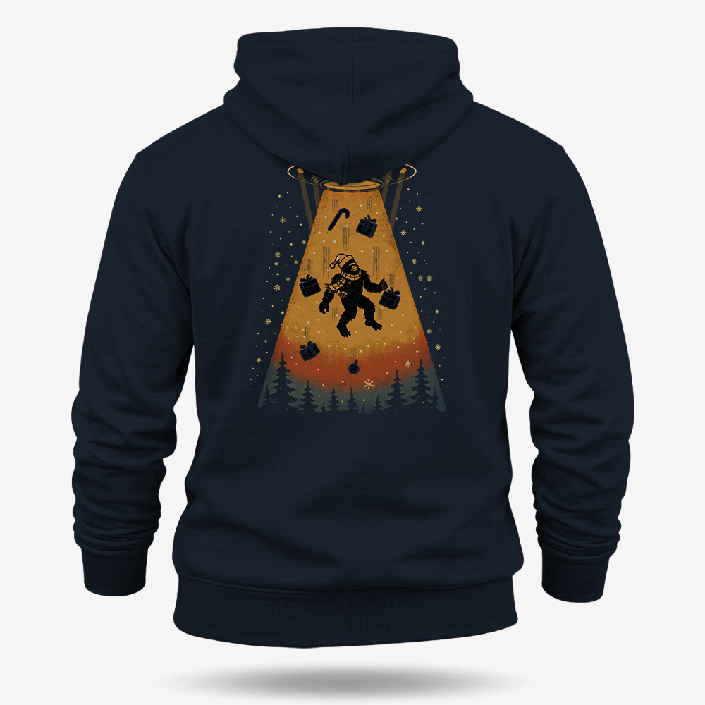 Merry Squatchmas Abduction Hoodie Navy main printed design mockup