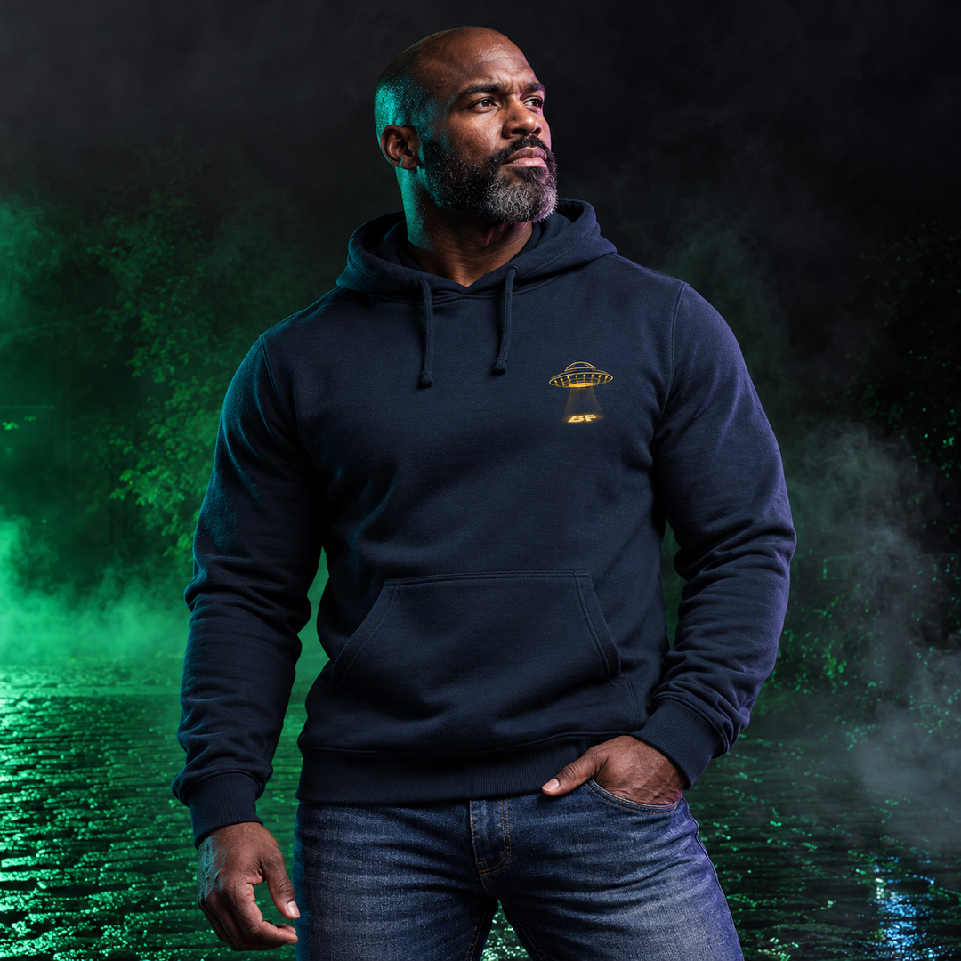 Merry Squatchmas Abduction Hoodie Navy front logo lifestyle creative