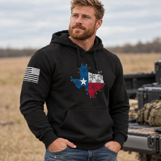 Merry Texmas Hoodie Black front design lifestyle creative