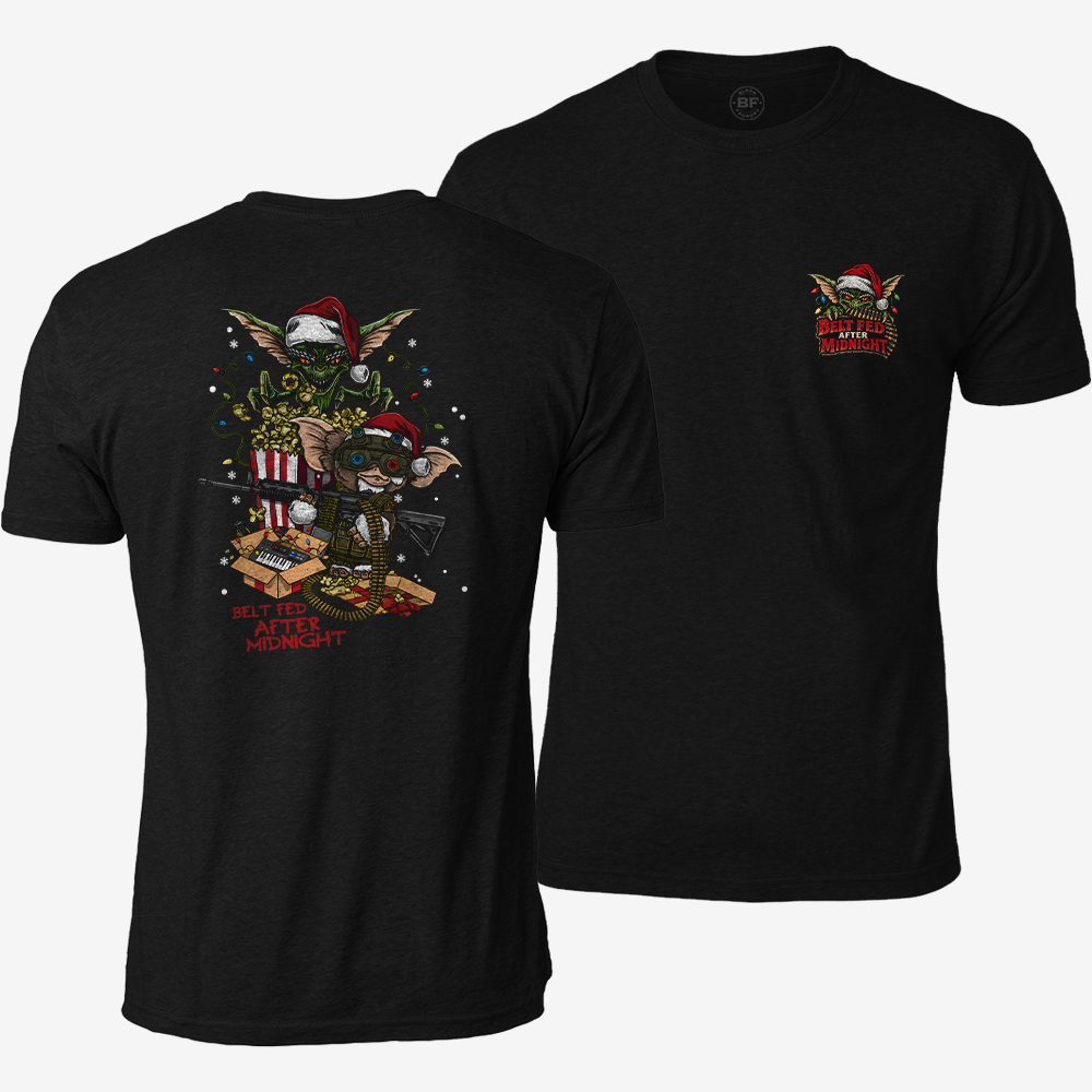 Midnight Belt-Fed Christmas T-shirt Black front and back mockup