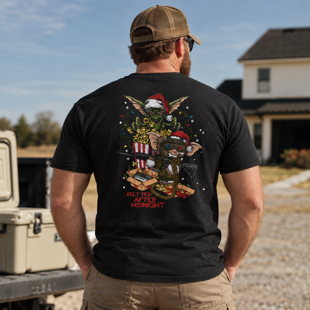 Midnight Belt-Fed Christmas T-shirt Black back design lifestyle creative