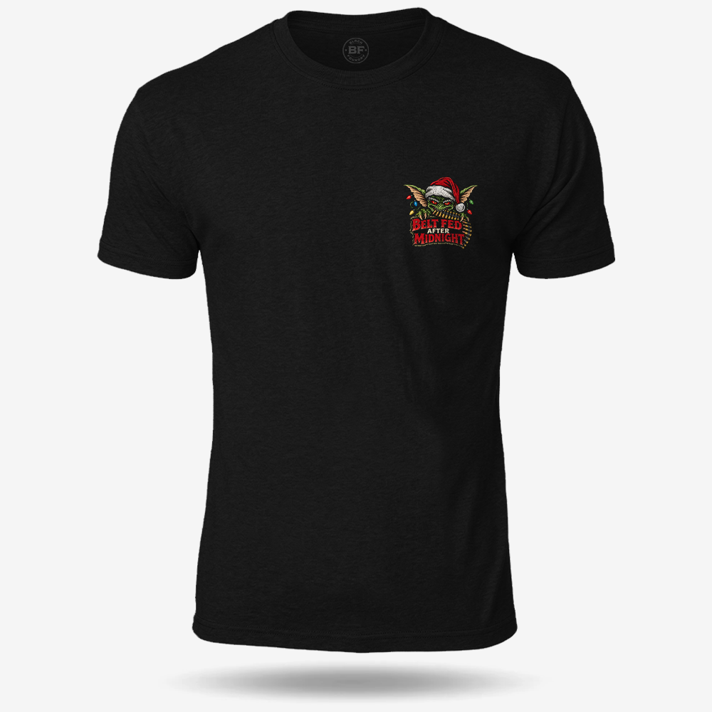 Midnight Belt-Fed Christmas T-shirt Black front mockup