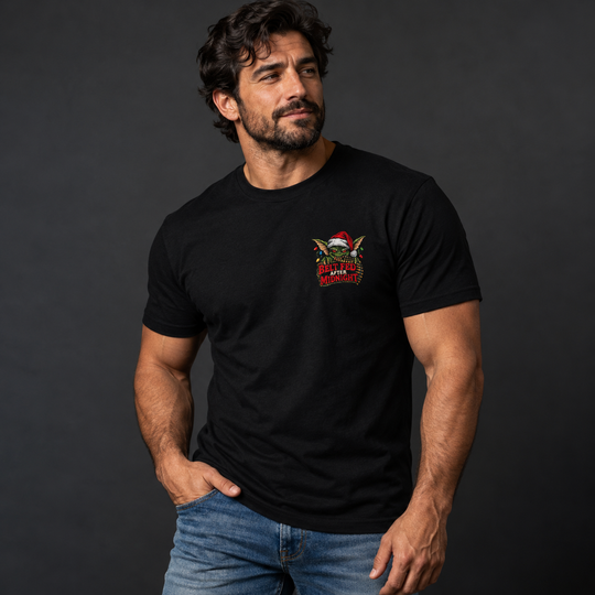 Midnight Belt-Fed Christmas T-shirt Black front logo lifestyle creative