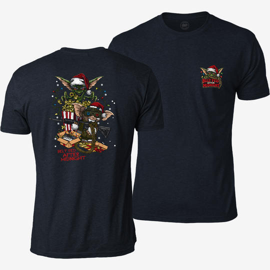 Midnight Belt-Fed Christmas T-shirt Heather Navy front and back mockup