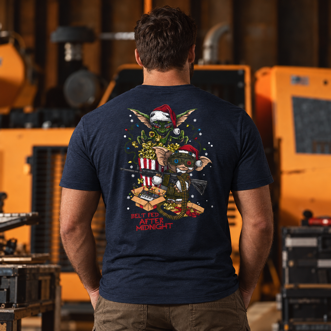 Midnight Belt-Fed Christmas T-shirt Heather Navy back design lifestyle creative