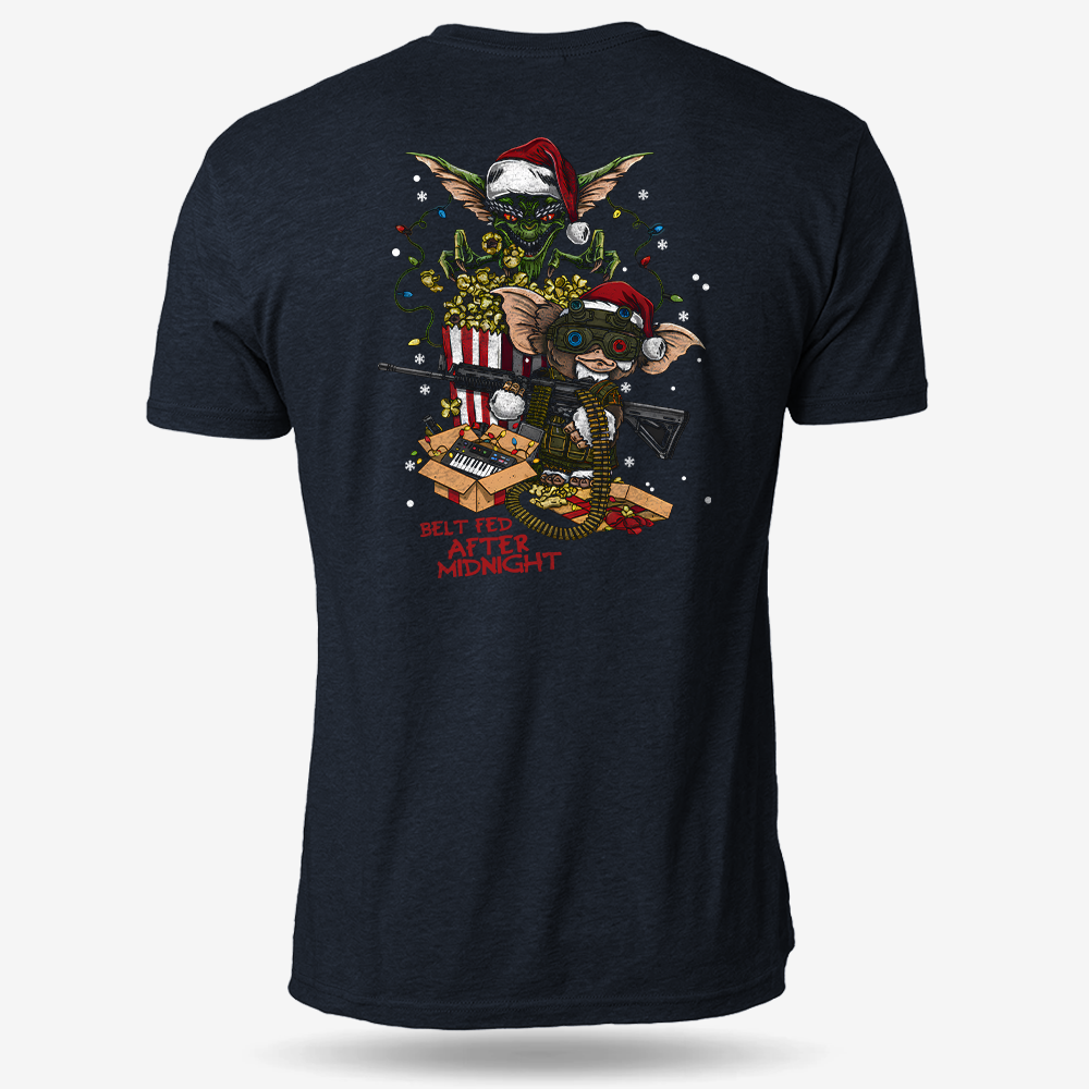 Midnight Belt-Fed Christmas T-shirt Heather Navy main printed design mockup