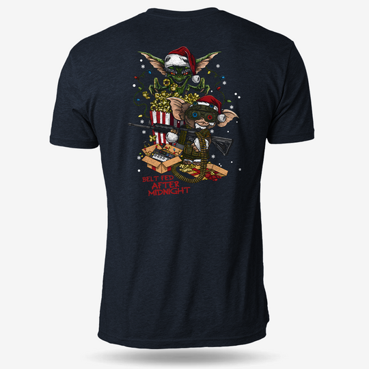 Midnight Belt-Fed Christmas T-shirt Heather Navy main printed design mockup