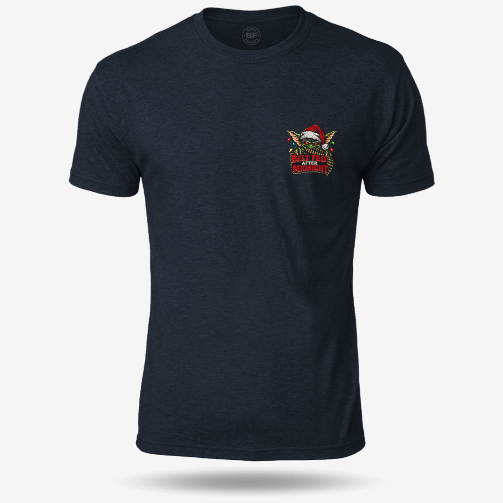 Midnight Belt-Fed Christmas T-shirt Heather Navy front mockup