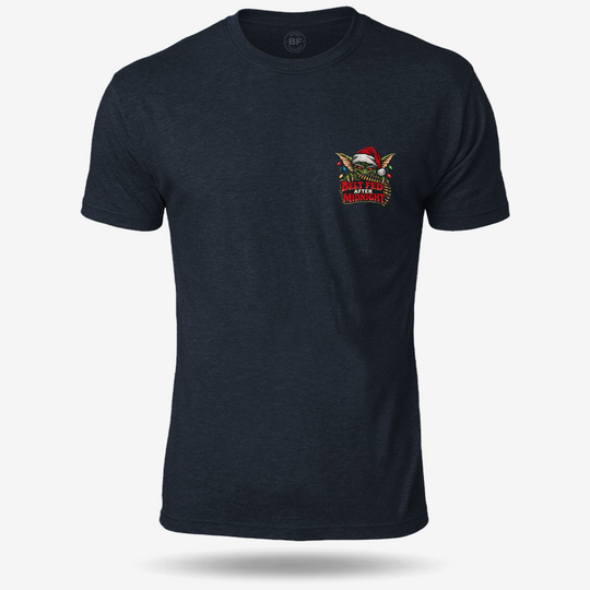 Midnight Belt-Fed Christmas T-shirt Heather Navy front mockup