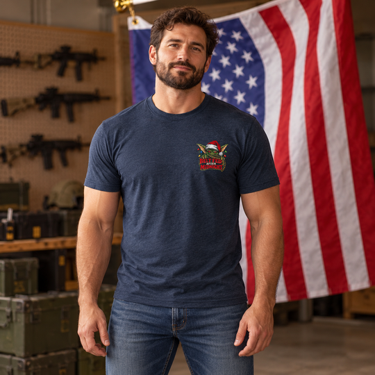 Midnight Belt-Fed Christmas T-shirt Heather Navy front logo lifestyle creative