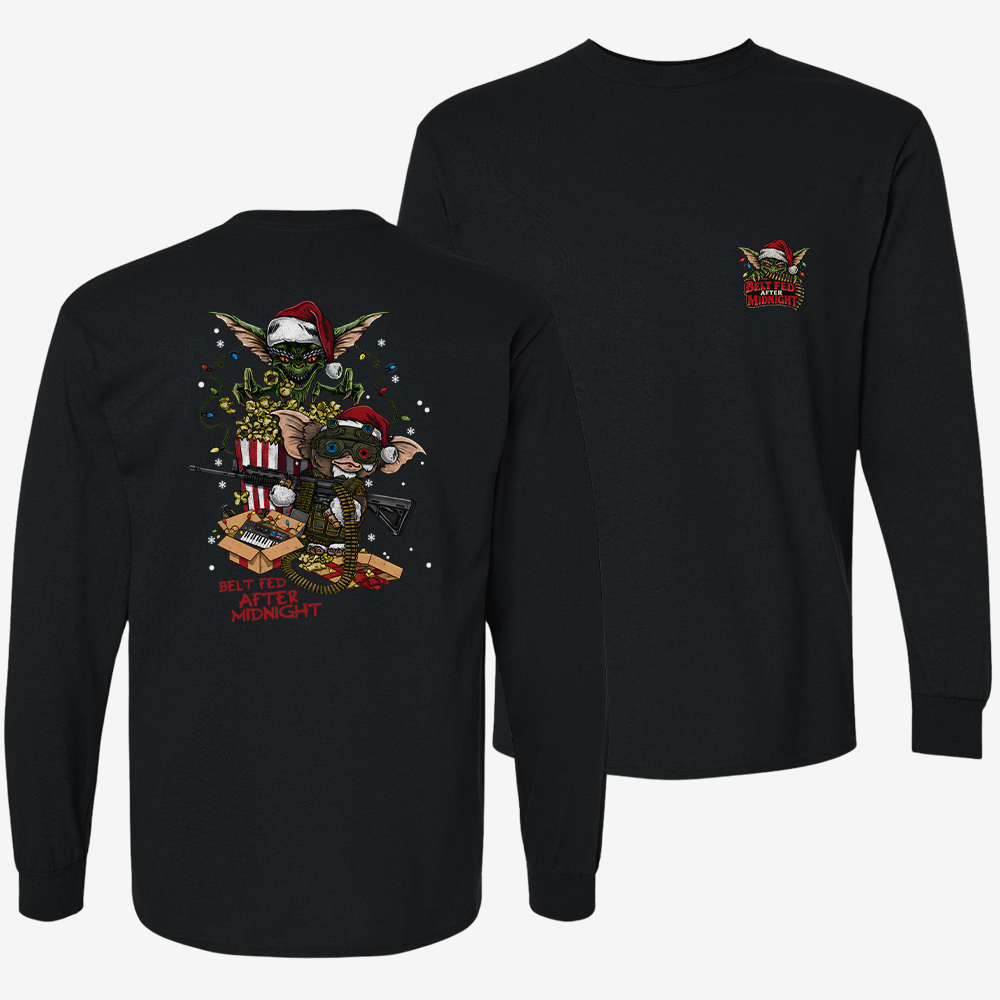 Midnight Belt-Fed Christmas Long Sleeve Black front and back mockup