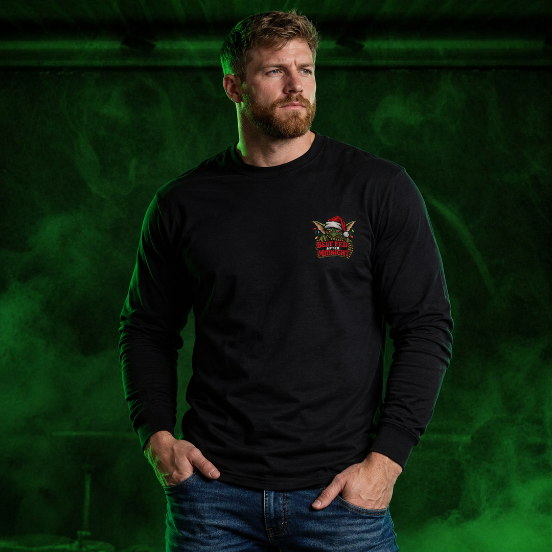 Midnight Belt-Fed Christmas Long Sleeve Black front logo lifestyle creative