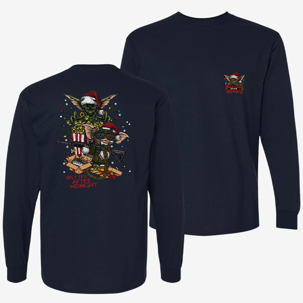 Midnight Belt-Fed Christmas Long Sleeve Navy front and back mockup