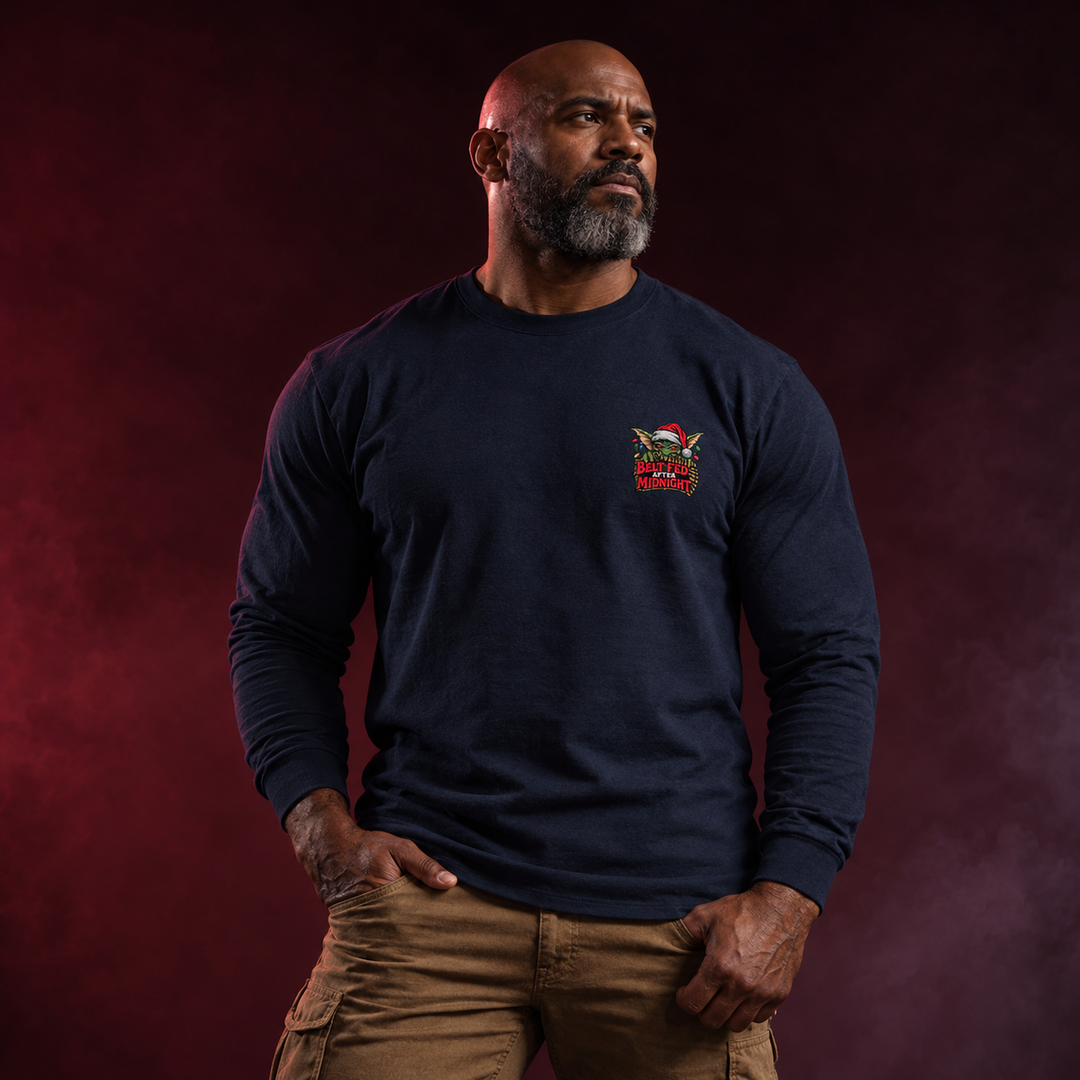 Midnight Belt-Fed Christmas Long Sleeve Navy front logo lifestyle creative