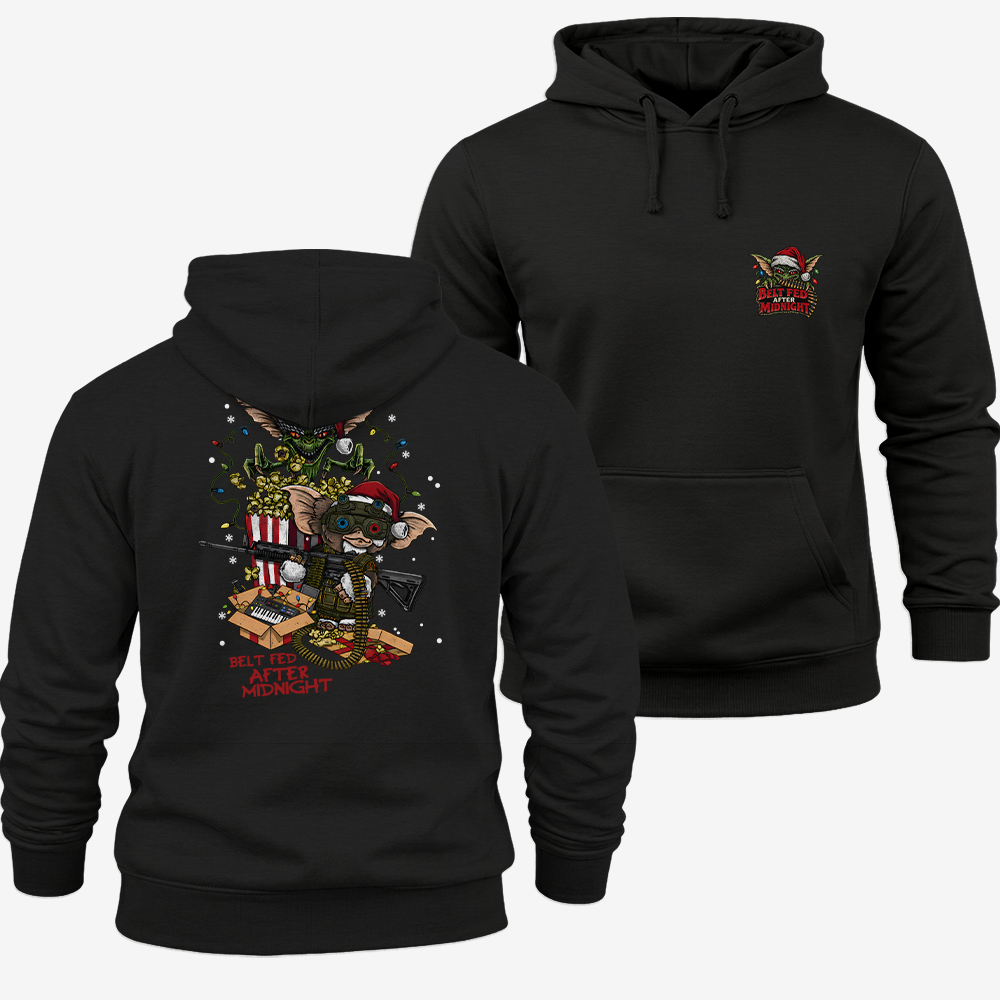 Midnight Belt-Fed Christmas Hoodie Black front and back mockup
