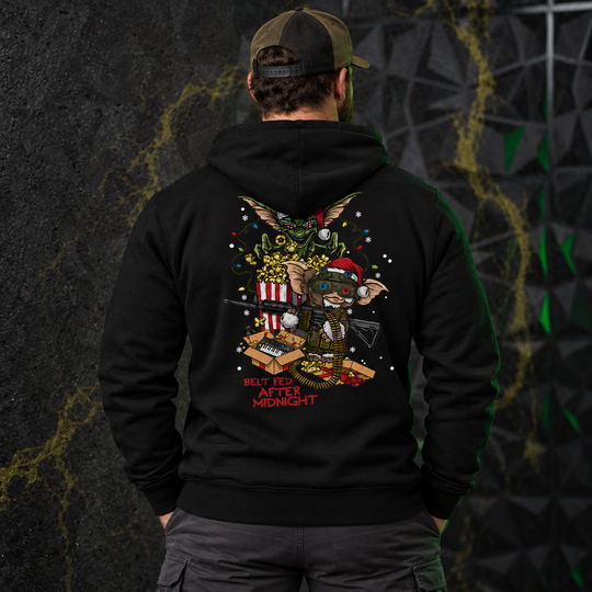 Midnight Belt-Fed Christmas Hoodie Black back design lifestyle creative