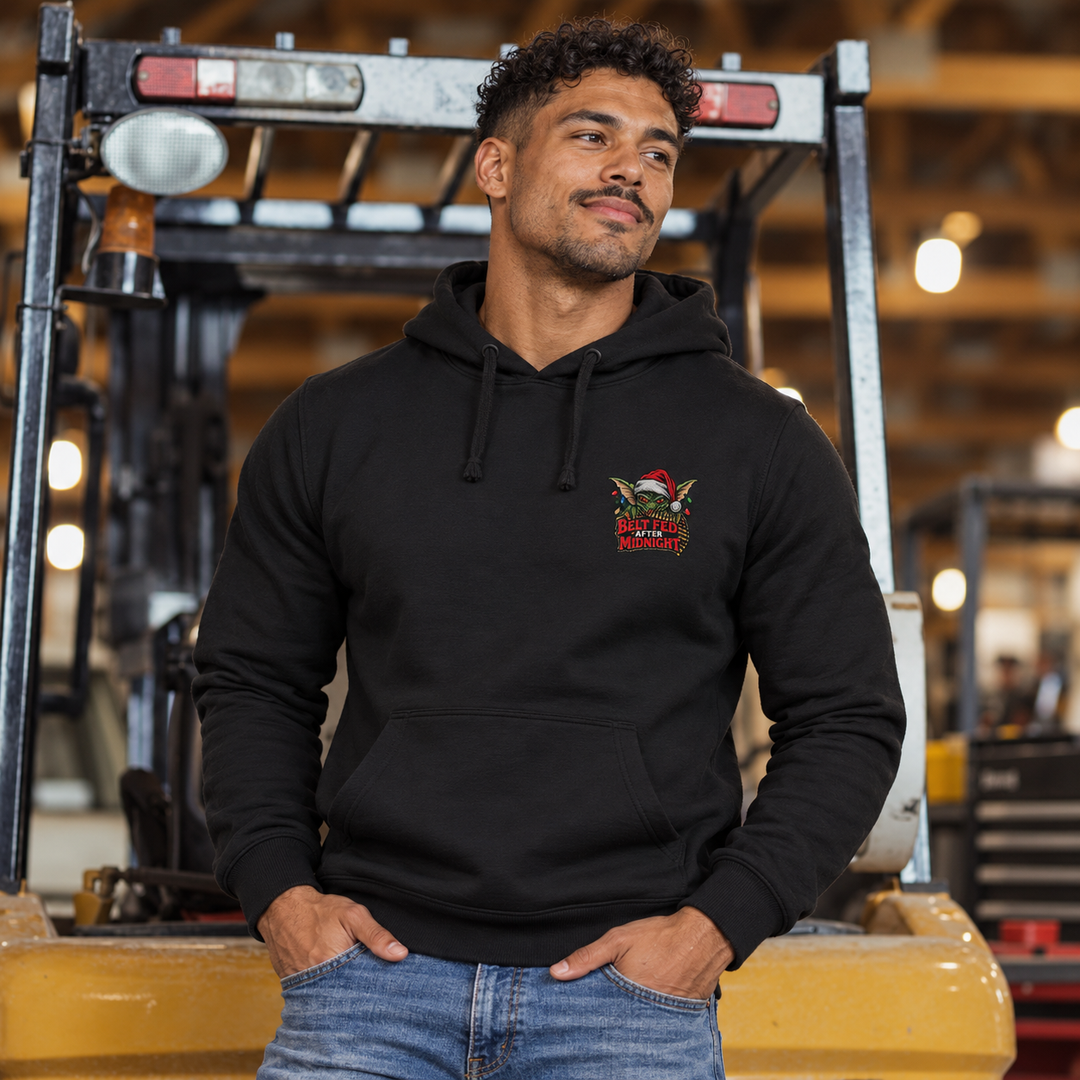 Midnight Belt-Fed Christmas Hoodie Black front logo lifestyle creative