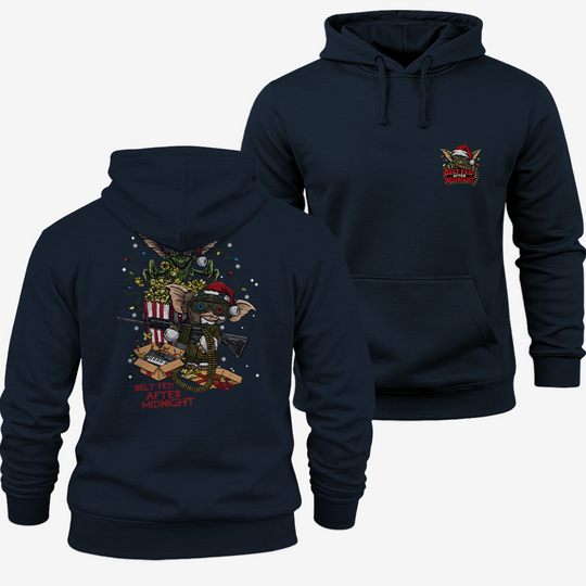Midnight Belt-Fed Christmas Hoodie Navy front and back mockup