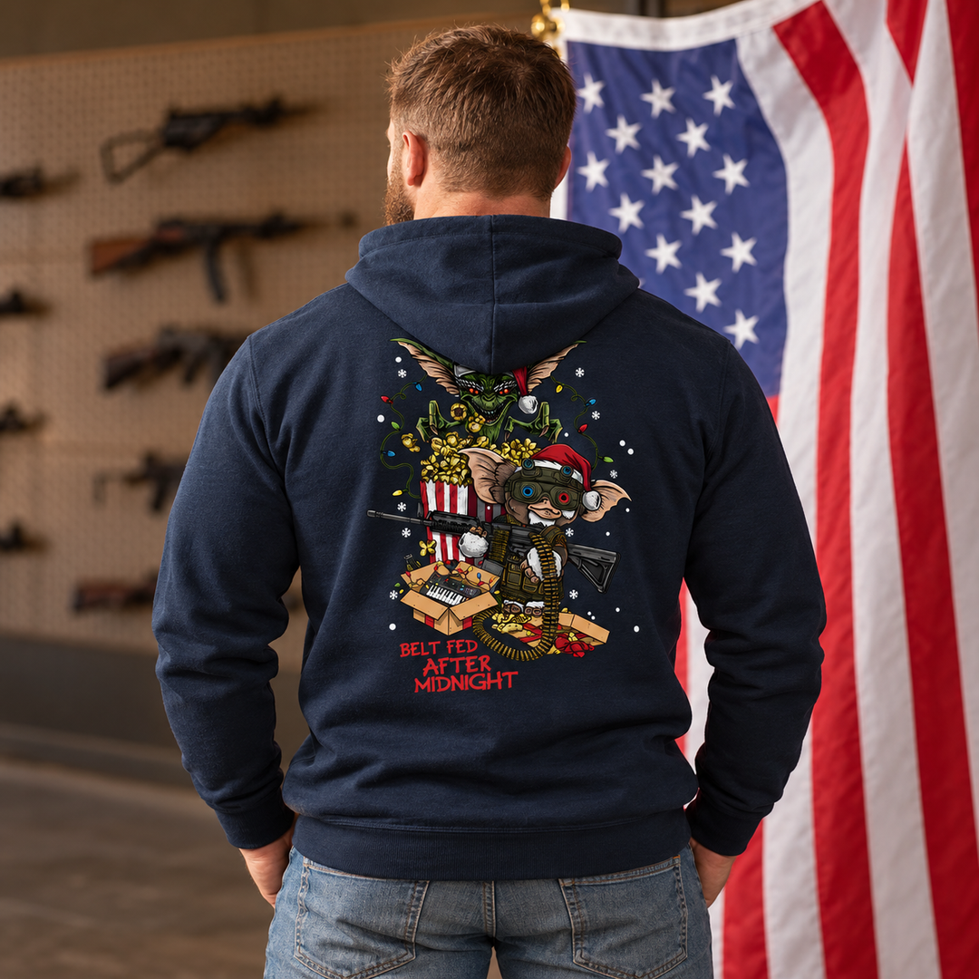 Midnight Belt-Fed Christmas Hoodie Navy back design lifestyle creative