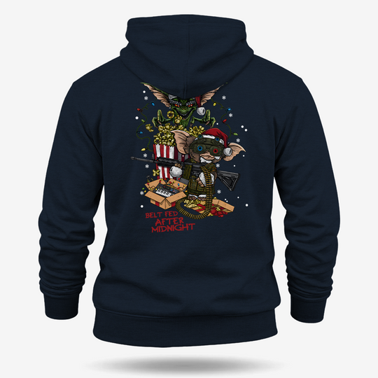 Midnight Belt-Fed Christmas Hoodie Navy main printed design mockup