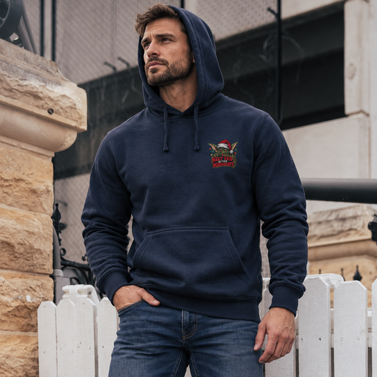 Midnight Belt-Fed Christmas Hoodie Navy front logo lifestyle creative