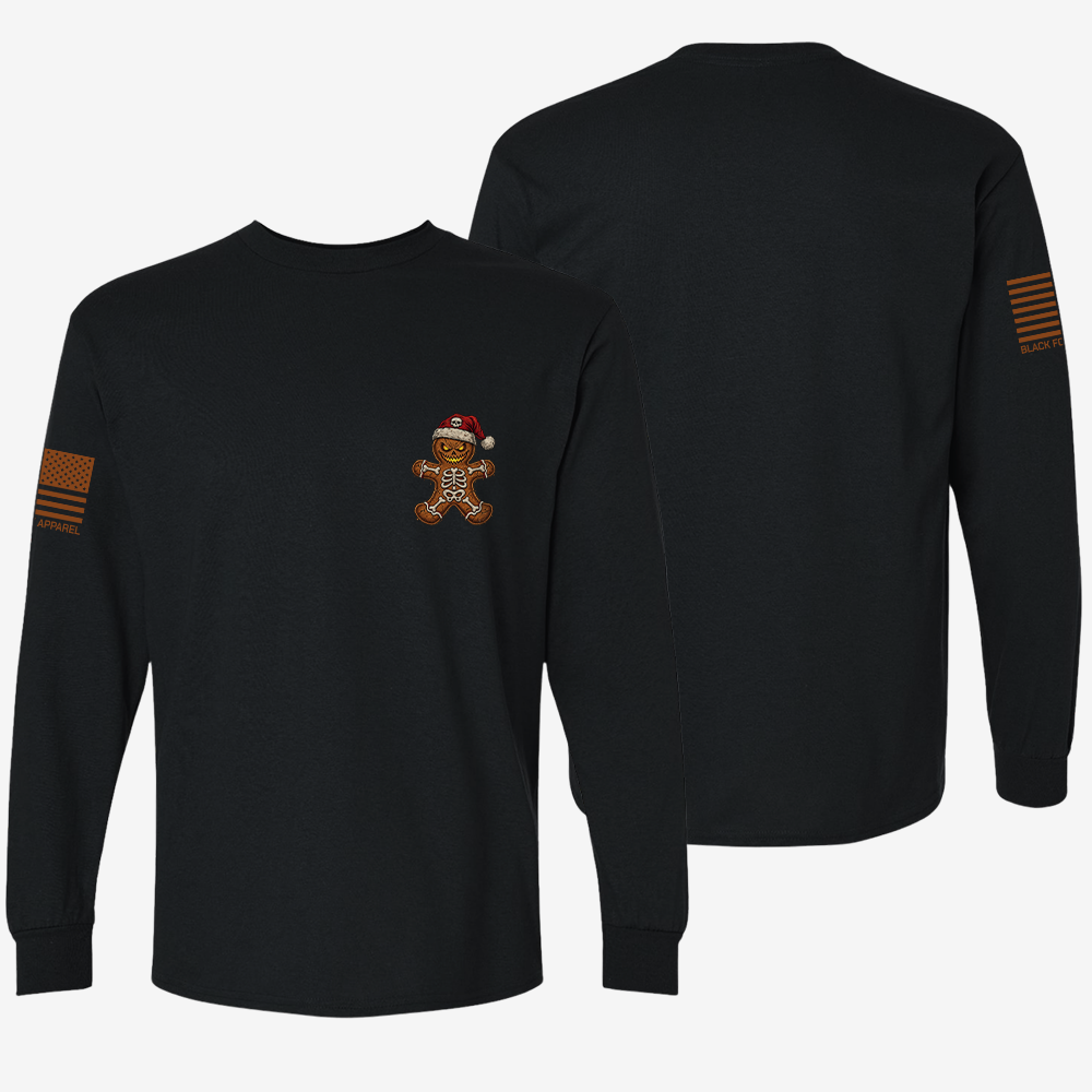 Naughty Gingerbread Skeleton Long Sleeve Black front and back mockup