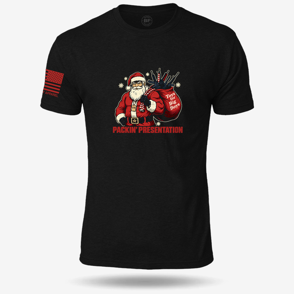 Packin_ Presentation T-shirt Black front design mockup