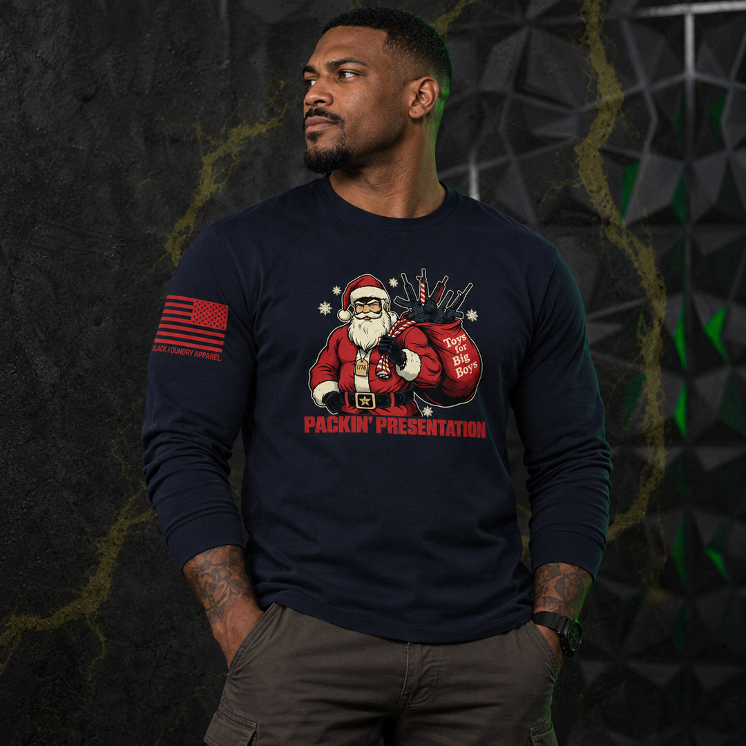 Packin_ Presentation Long Sleeve Navy front design lifestyle creative