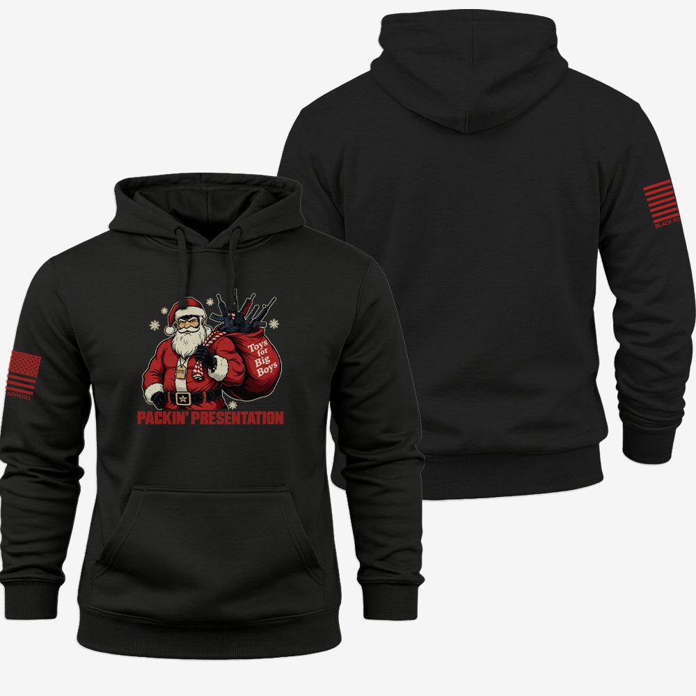 Packin_ Presentation Hoodie Black front and back mockup